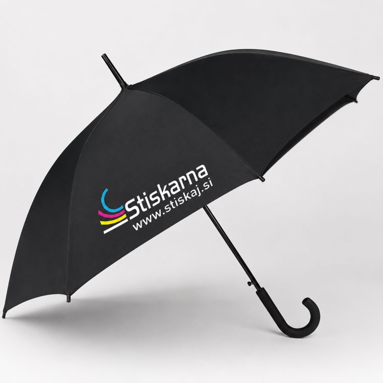 Črn dežnik z natisnjenim logotipom Stiskarna na enem kraku
