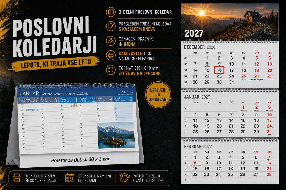 Namizni in tridelni poslovni koledar za leto 2027