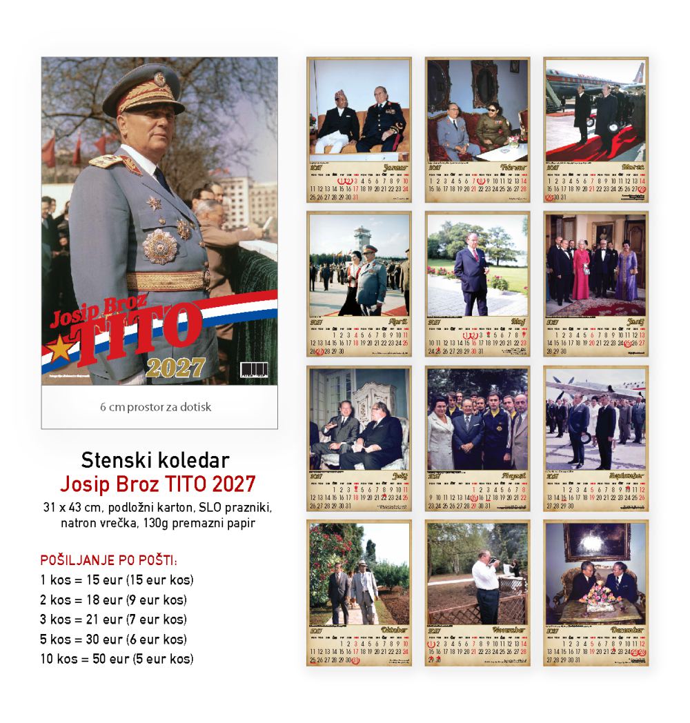 Stenski koledar Josip Broz Tito 2027 z naslovnico in dvanajstimi listi